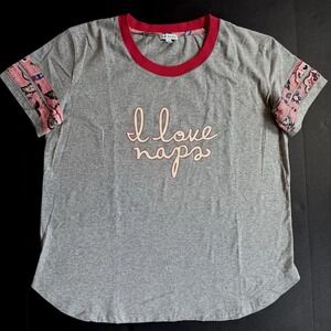 Vera Bradley Floral PJ Pajama T Shirt Top L 12 14 Pink Appliqued Ringer Baseball